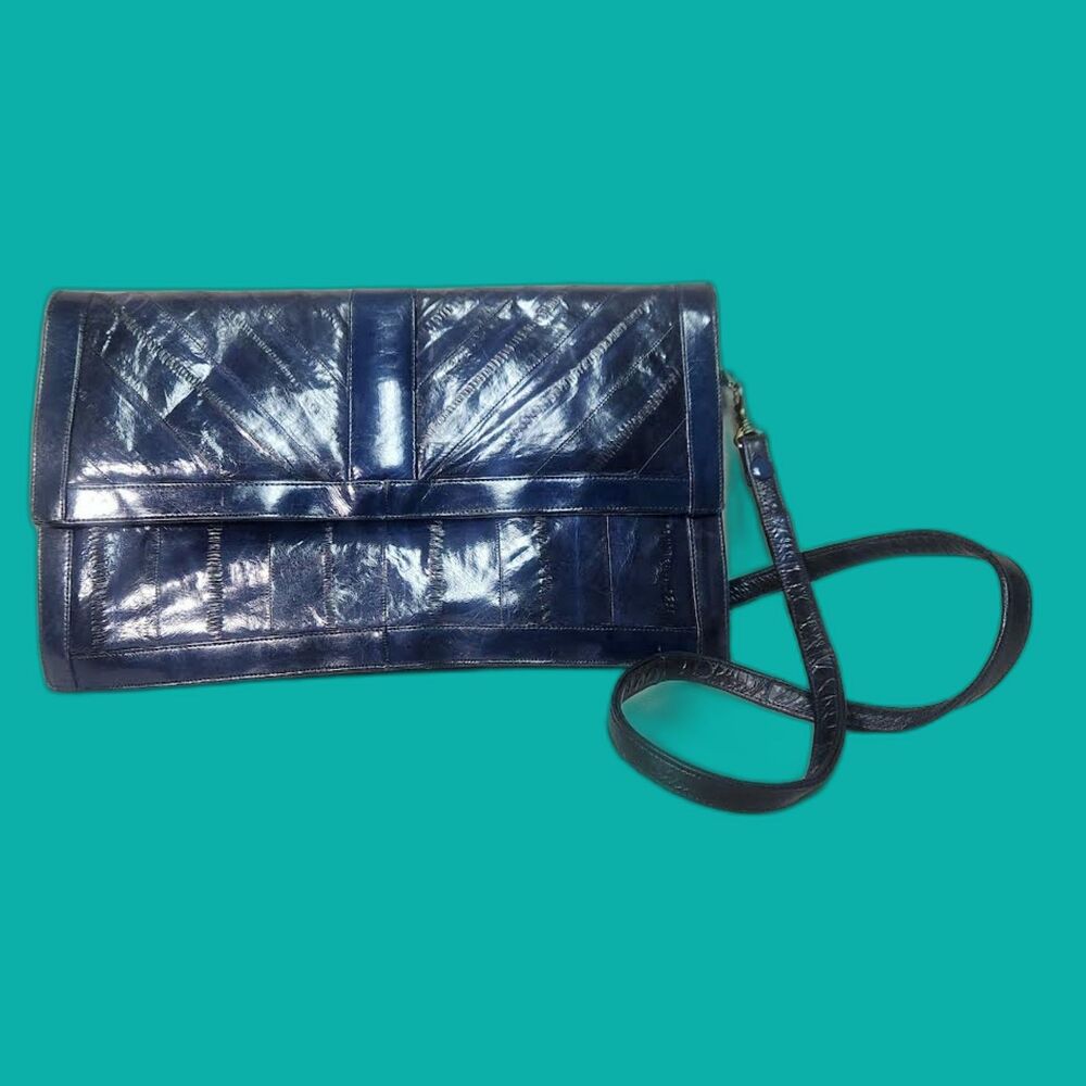 Vintage Eel Skin Shoulder Bag or Clutch Purse in Navy Blue